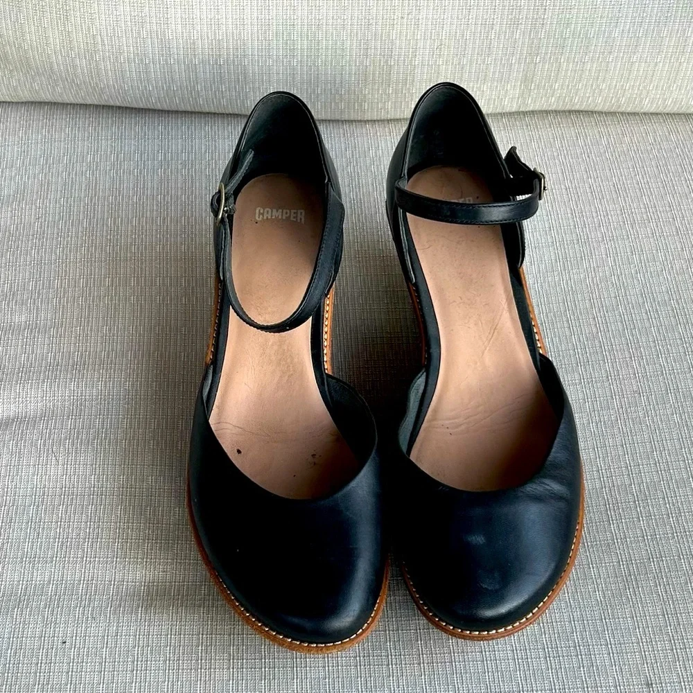 Camper Black Leather Mary Jane Platform Wedges